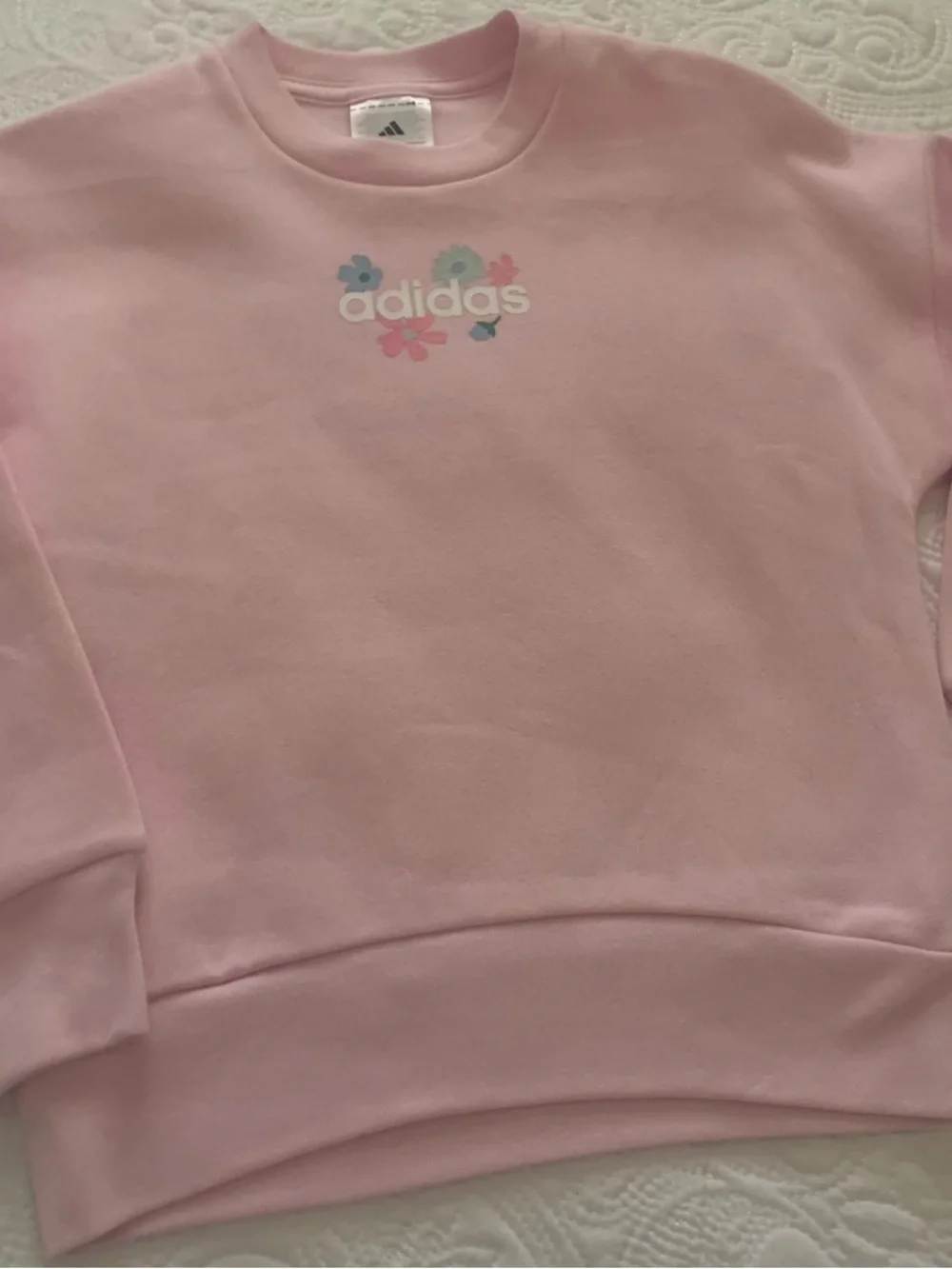 adidas girl’s Pink Crewneck Sweatshirt and Gray Ribbed Leggings Set